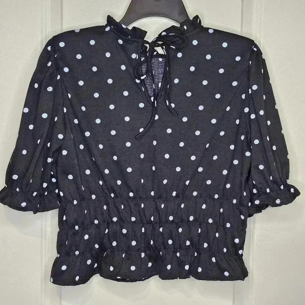 Who What Wear Blouse Black Size Large Polka Dot Puff Sleeve Smocked Casual - Picture 4 of 11